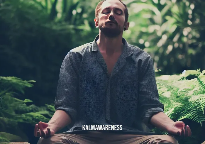 relationship anxiety meditation _ Image: The anxious person with closed eyes, practicing meditation in a peaceful garden.Image description: In a tranquil garden, the anxious person sits cross-legged, eyes gently closed, practicing meditation to find inner peace.