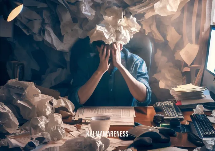 mindfulness in motion _ Image: A cluttered desk with scattered papers and a stressed person staring at a computer screen, surrounded by chaos.Image description: A cluttered desk with scattered papers and a stressed person staring at a computer screen, surrounded by chaos.
