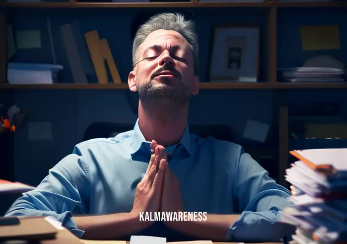 mindfulness in motion _ Image: The same desk, now organized and tidy, with a person taking a deep breath and closing their eyes in a moment of respite.Image description: The same desk, now organized and tidy, with a person taking a deep breath and closing their eyes in a moment of respite.
