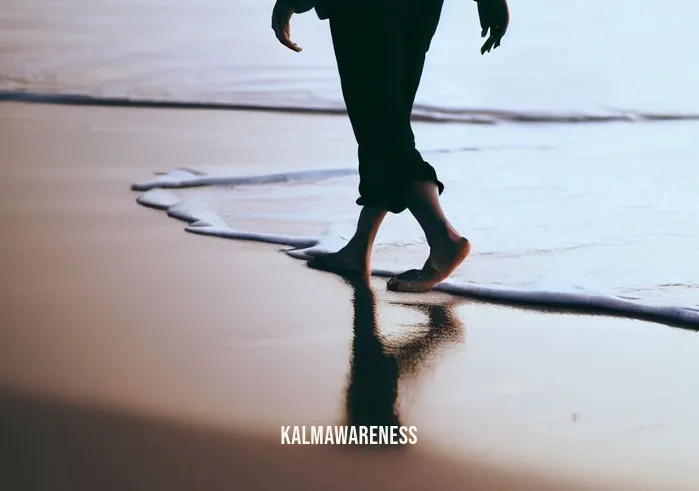 mindfulness in motion _ Image: The person engaged in a mindful walking meditation, stepping slowly on a tranquil beach with waves gently lapping at their feet.Image description: The person engaged in a mindful walking meditation, stepping slowly on a tranquil beach with waves gently lapping at their feet.