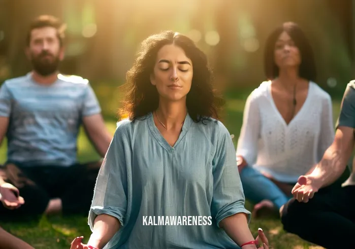 embodied awareness _ Image: A group of people sitting in a circle in a serene park, eyes closed, practicing meditation. Image description: Individuals finding a moment of stillness amidst nature, beginning to cultivate awareness of their inner selves.