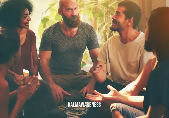 embodied awareness _ Image: A diverse group engaged in a mindful conversation, actively listening to each other. Image description: Meaningful connections forming as people engage in empathetic communication, embracing embodied awareness.