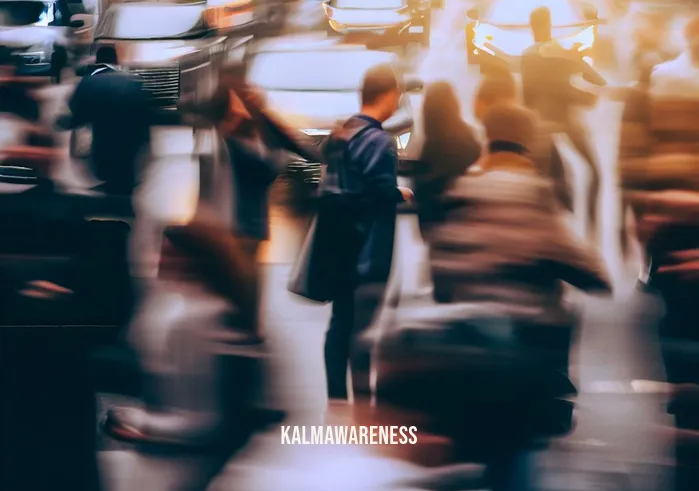 embodied mindfulness _ Image: A crowded, noisy city street during rush hour. Image description: Pedestrians in a hurry, cars honking, people on their phones, showing the chaos of urban life.