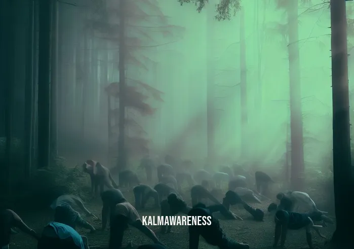 guided stretching meditation _ Image: A serene forest clearing with a group of people starting to stretch and breathe deeply.Image description: As the forest envelops them, a group of people begins their stretching meditation, connecting with nature