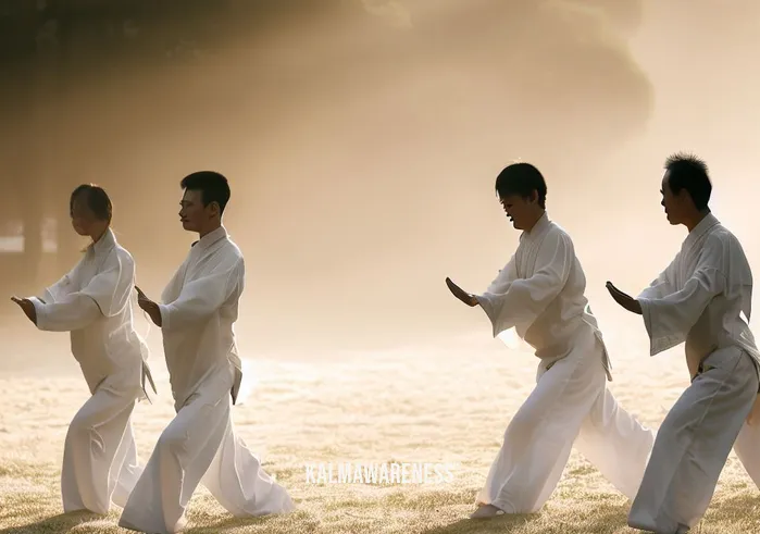 martial arts meditation _ Image: A group of martial artists performing synchronized Tai Chi movements in the early morning light. Image description: Martial artists gracefully moving through synchronized Tai Chi exercises in the gentle morning light.