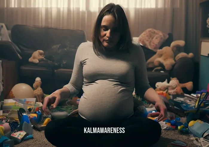 meditation for pregnancy anxiety _ Image: A pregnant woman sits on a cluttered living room floor, surrounded by scattered toys and a disheveled environment. She appears anxious, with her hands on her belly.Image description: A pregnant woman in a cluttered living room, visibly anxious, cradles her baby bump, struggling with pregnancy anxiety.