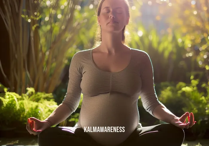 meditation for pregnancy anxiety _ Image: The same pregnant woman now sits on a peaceful and sunlit yoga mat in a serene garden, practicing deep breathing exercises. Her face shows signs of relaxation and tranquility.Image description: The pregnant woman, now on a peaceful yoga mat in a serene garden, practices deep breathing, finding solace from pregnancy anxiety.