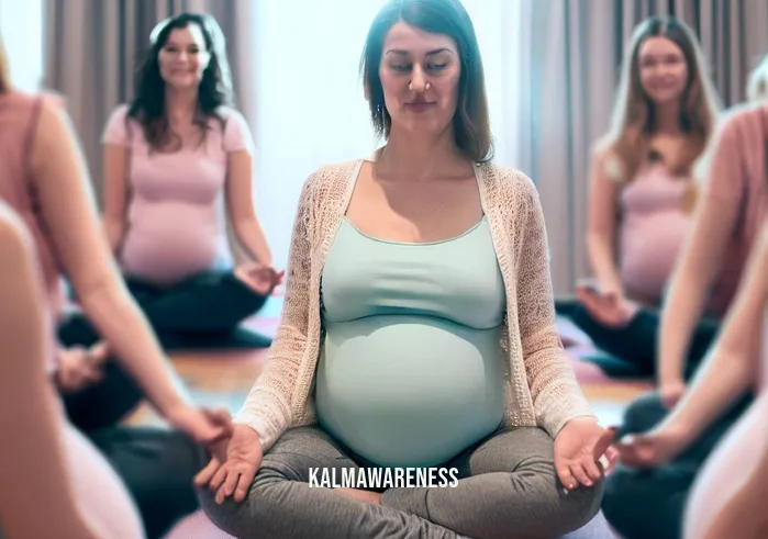 meditation for pregnancy anxiety _ Image: The woman is in a prenatal yoga class, surrounded by other expectant mothers, all engaged in gentle stretches and meditation. They create a circle of support and calm.Image description: Pregnant women in a prenatal yoga class, bonding through gentle stretches and meditation, forming a circle of support and tranquility.