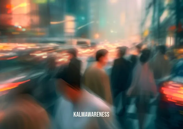 meditation in motion _ Image: A bustling city street with people rushing in all directions, honking cars, and a stressed atmosphere.Image description: Amid the urban chaos, pedestrians look frazzled, shoulders tense, faces strained.