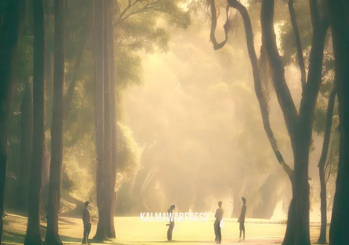 meditation in motion _ Image: A serene park with a winding path surrounded by tall trees, bathed in soft sunlight.Image description: A few people have paused on the path, taking their first steps towards tranquility, standing in yoga poses.