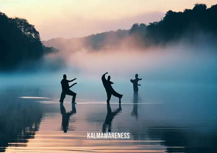 meditation in motion _ Image: A tranquil lakeside at dawn with mist rising from the water and people practicing Tai Chi.Image description: Individuals gracefully move through Tai Chi forms, their movements fluid and unhurried.