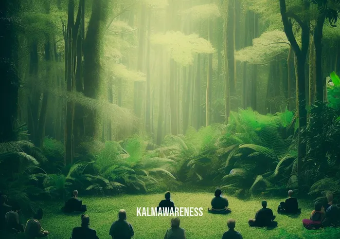 meditation in motion _ Image: A lush forest clearing with a circle of meditators seated in silent contemplation.Image description: People sit peacefully in meditation, surrounded by nature