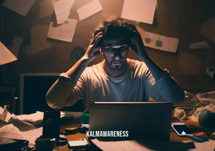 reality shifting guided meditation _ Image: A person sitting in a cluttered and dimly lit room, surrounded by distractions like a laptop, phone, and papers scattered on the desk. Their expression shows stress and frustration.Image description: The person is visibly overwhelmed by the chaos in their surroundings, a clear reflection of their scattered thoughts. The room