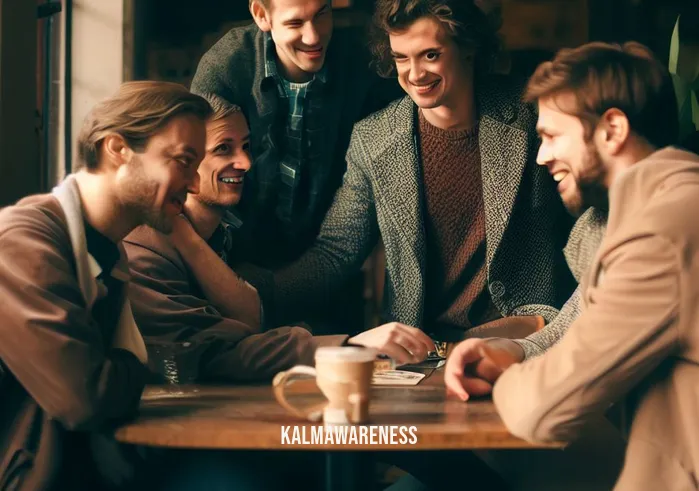 self compassion for men _ Image: A group of friends gathered around a table at a coffee shop, engrossed in conversation.Image description: The same man, now surrounded by friends at a cozy coffee shop. They are all leaning in, engaged in a warm conversation, and he