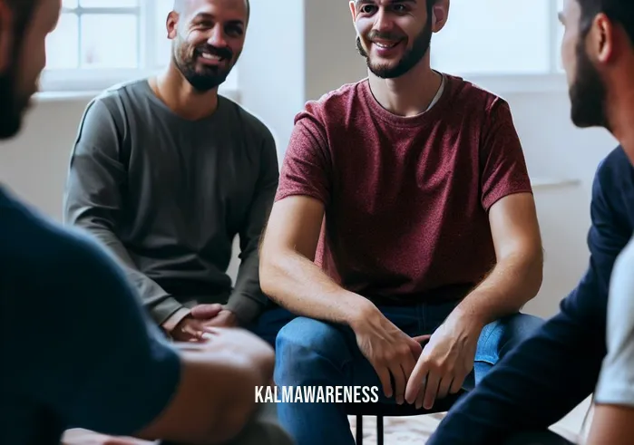self compassion for men _ Image: A man participating in a group therapy session, sitting in a circle with other men.Image description: The man from earlier, now in a group therapy session with other men. They sit in a circle, sharing stories and offering support, creating a safe space for vulnerability.