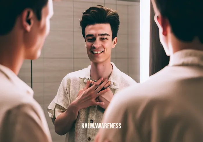 self compassion for men _ Image: A man looking in the mirror, practicing self-compassion with a reassuring smile.Image description: The man standing in front of a bathroom mirror, looking at his reflection with a gentle smile, practicing self-compassion and self-acceptance.