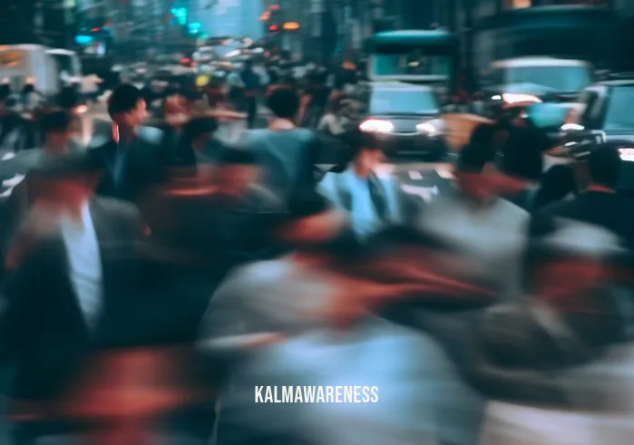 guided meditation joy _ Image: A crowded city street during rush hour, people rushing with stressed expressions.Image description: A chaotic urban scene filled with bustling commuters, cars honking, and the hurried pace of life.