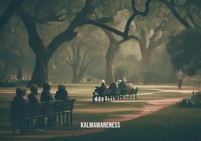 guided meditation joy _ Image: A serene park with people sitting on benches, looking distracted and lost in thought.Image description: A tranquil park setting, individuals sitting on benches, appearing lost in their thoughts, disconnected from the beauty around them.