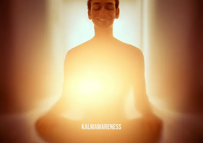 guided meditation to resolve old issues _ Image: The person meditating with a soft smile, surrounded by a warm, soothing light. Image description: The room now bathed in a soft, golden light, and the meditator
