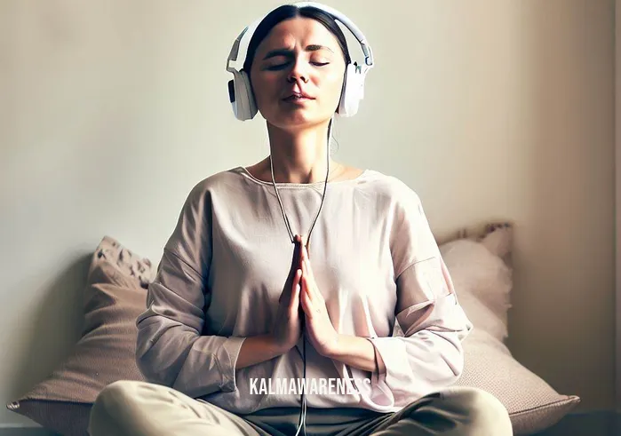 releasing fear meditation script _ Image: The same person listening to a guided meditation on their headphones, eyes closed and hands resting on their lap.Image description: In a serene corner of their home, the same person sits cross-legged on a soft cushion. Their closed eyes and serene expression suggest a shift in focus. With headphones on, they immerse themselves in a guided meditation, seeking solace in the gentle words that flow through their ears.