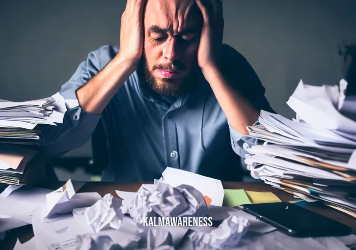mindful action plan _ Image: A cluttered desk, papers scattered, a stressed person with furrowed brows.Image description: A chaotic workspace filled with disorganized papers and a person looking overwhelmed.