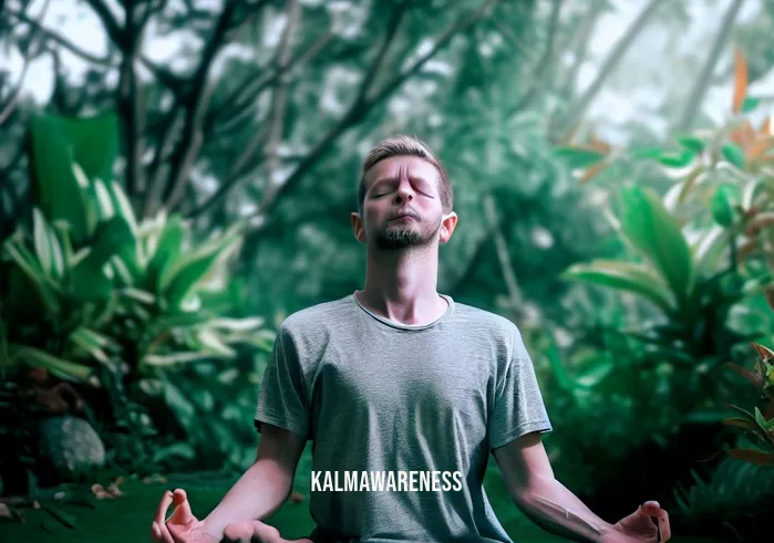 mindful action plan _ Image: A person sitting cross-legged on a yoga mat, eyes closed in meditation, surrounded by serene nature.Image description: A peaceful scene of someone meditating amidst lush greenery and tranquil surroundings.