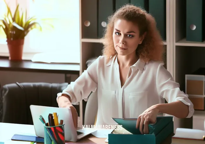 mindful action plan _ Image: A neatly organized desk with labeled folders, a content and confident person working efficiently.Image description: A well-organized workspace displaying order and a person engaged in productive work.