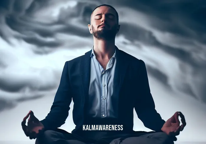 money guided meditation _ Image: A person sitting in meditation pose, eyes closed, with a serene expression.Image description: Now, we see a person seated in a meditation pose, eyes closed, and wearing a serene expression, finding inner calm amid the financial storm.