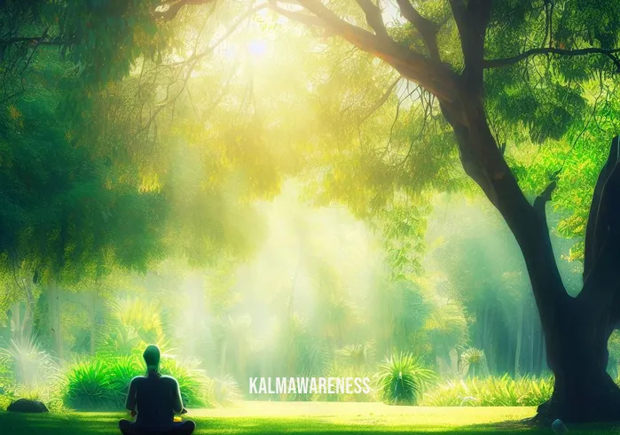 15 minute silent meditation _ Image: A serene park setting with a lone figure sitting cross-legged under a tree, surrounded by chirping birds and lush greenery.Image description: A tranquil park with vibrant green trees, sunlight streaming through the leaves, and a person sitting peacefully in meditation posture.