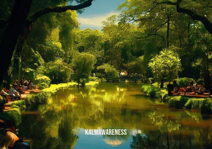 6 minute meditation _ Image: A serene park with a tranquil pond surrounded by lush greenery, people sitting on benches, trying to find a moment of calm.Image description: Amidst nature