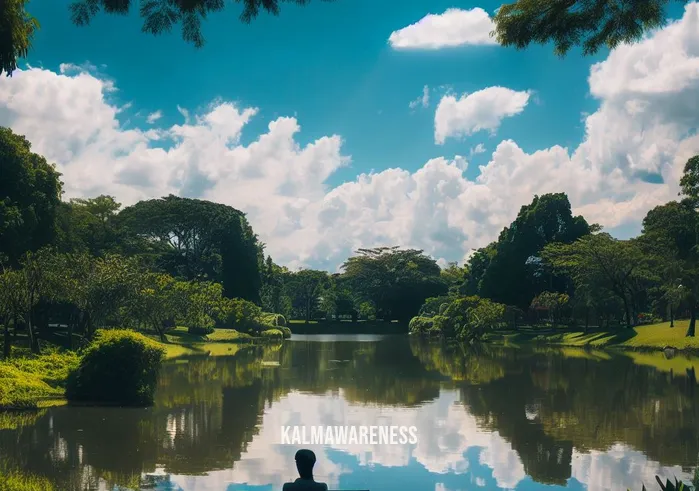 best 20 minute meditation _ Image: A serene park with a calm pond surrounded by lush greenery, reflecting the blue sky and fluffy white clouds.Image description: A lone figure sits on a bench by the pond, gazing at the tranquil water, beginning to relax.