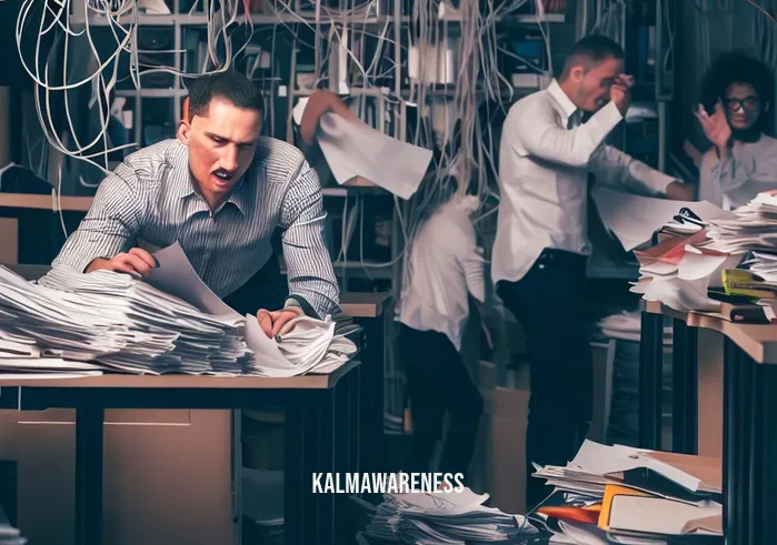 crspace _ Image: A cluttered and chaotic office space, filled with stacks of paper, tangled cables, and frustrated employees.Image description: Employees in a disorganized office, papers strewn about, searching for lost documents, and struggling to concentrate.