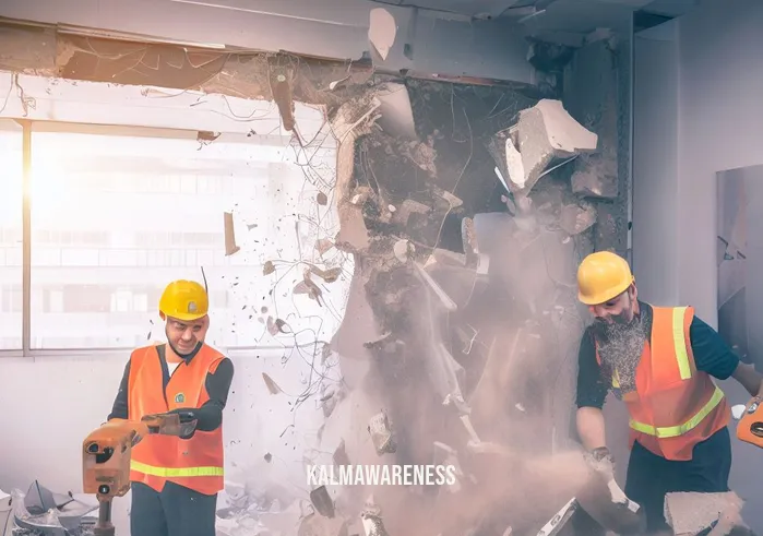 crspace _ Image: Construction workers in hard hats and reflective vests, demolishing a wall to create a more open and spacious office layout.Image description: Construction workers tearing down a wall, symbolizing the transformation from clutter to an open, organized space.