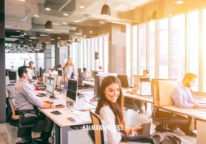 crspace _ Image: The newly renovated office, with modern furniture, ample natural light, and smiling employees working efficiently.Image description: A bright and spacious office filled with happy employees, organized desks, and a productive atmosphere.