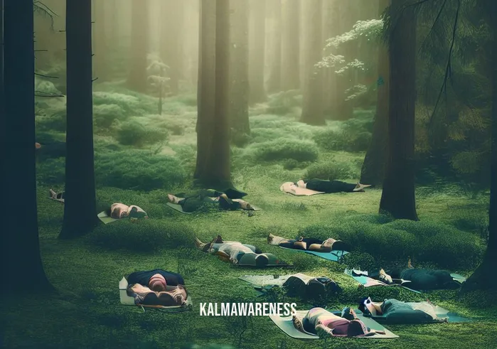guided meditation lying down _ Image: A tranquil forest clearing with a group of people practicing guided meditation, lying on mats. Image description: In a tranquil forest clearing, a group of people is practicing guided meditation, lying on comfortable mats, finding solace in nature