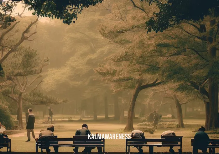 meditation for rest _ Image: A serene park with a few individuals sitting on benches, looking contemplative and fatigued.Image description: A peaceful park setting, where a handful of weary individuals take a moment to sit on benches, showing signs of exhaustion.