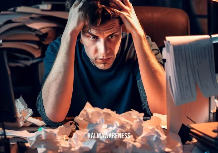 rick hanson meditation _ Image: A stressed-looking person sitting at a cluttered desk, surrounded by piles of papers and a disorganized computer setup.Image description: In the first image, we see a person immersed in a chaotic workspace, reflecting the challenges of a busy and overwhelming life.