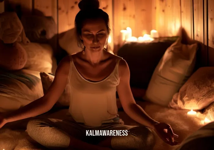 let go of anger meditation _ Image: In a cozy meditation room, the individual sits in a lotus position, bathed in soft candlelight, and peacefully meditates.Image description: Surrounded by candles and cushions, they have found a tranquil space to let go of their anger through meditation.