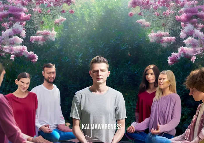letting go of fear meditation _ Image: The same person, now surrounded by a group of supportive friends, meditating together in a peaceful garden.Image description: A serene garden with blooming flowers and a group of friends sitting in a circle around the previously anxious individual, all of them meditating with a sense of calm and unity.