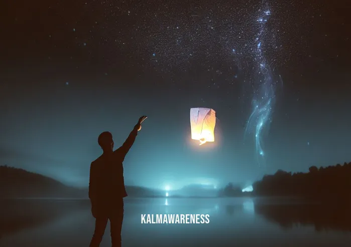 letting go of fear meditation _ Image: The individual releasing a paper lantern into the night sky, symbolizing the release of their fears and worries into the universe.Image description: The same person, standing beside a calm lake under a starry night sky, releasing a paper lantern into the air, symbolizing the release of their fears and worries into the universe.