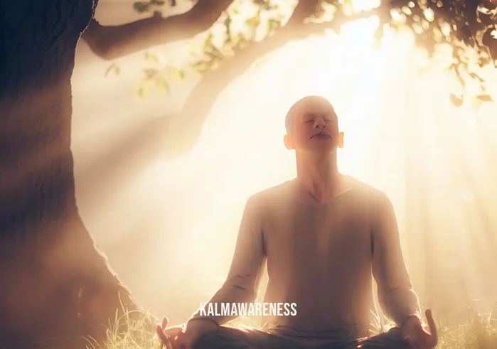 seeing faces while meditating _ Image: One individual, bathed in sunlight, meditates under a tree, a faint smile on their face as they experience a breakthrough. Image description: A meditator achieving inner peace and contentment in the embrace of nature