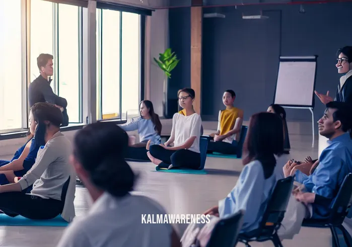 beyond light show and meditation _ Image: A workshop room filled with employees learning stress management techniques from a skilled trainer, including deep breathing exercises and relaxation methods.Image description: Employees are attentively participating in a stress management workshop, learning valuable techniques to reduce stress and enhance their well-being.