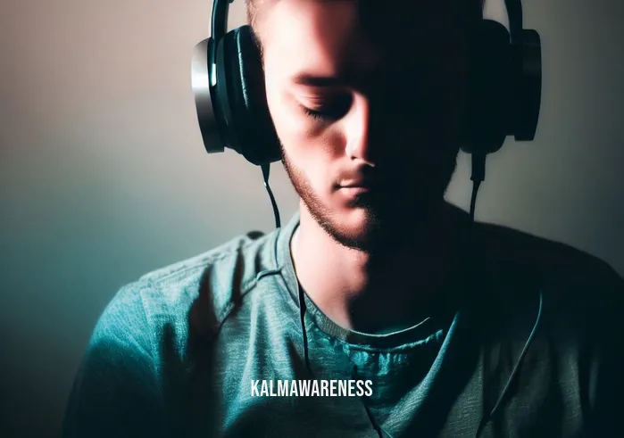 all of the sounds trapped in your mind _ Image: The same person now with headphones on, listening intently to calming music, eyes closed in concentration. Image description: The person finds solace in music, using headphones to drown out inner chaos.