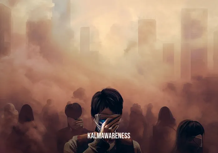 awaken by nature _ Image: A cityscape shrouded in smog and pollution, with people wearing masks and coughing in discomfort.Image description: In the heart of the bustling city, a thick haze of pollution engulfs the skyline. Pedestrians, their faces obscured by masks, struggle to breathe, their eyes reflecting a collective concern.