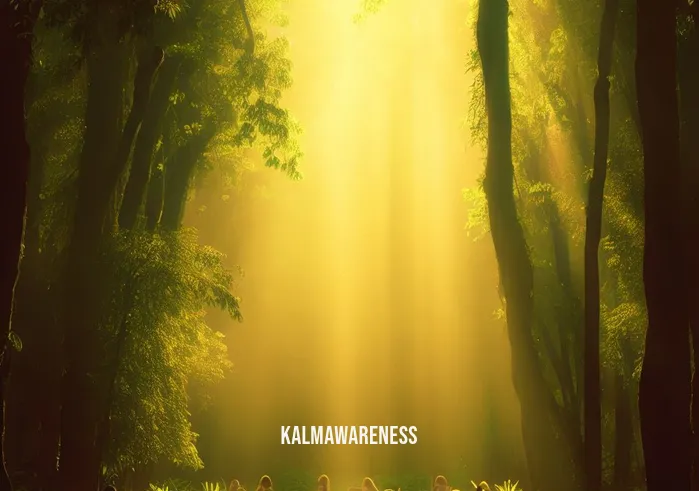 awaken by nature _ Image: A serene forest bathed in golden sunlight, where a group of people engage in a yoga session amidst lush greenery.Image description: In stark contrast, deep within a tranquil forest, sunlight filters through the canopy, illuminating a group of people practicing yoga. They find solace in the embrace of nature, their bodies intertwined with the vibrant green surroundings.