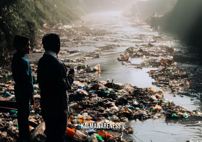 awaken by nature _ Image: A polluted river filled with debris and trash, causing distress among nearby residents.Image description: Downstream from the city, a once-vital river is now marred by pollution and strewn with trash. Nearby residents gaze sorrowfully at the deteriorating state of their cherished waterway.