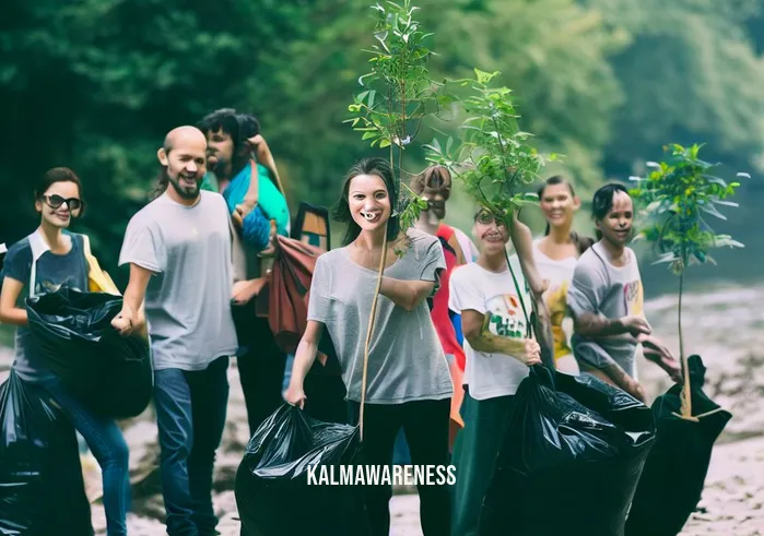 awaken by nature _ Image: Community members coming together to clean up the riverbanks and plant trees, revitalizing the ecosystem.Image description: Determined community members unite along the riverbanks, armed with garbage bags and saplings. Their collective effort is focused on cleansing the river and reinvigorating the ecosystem, symbolizing hope and renewal.