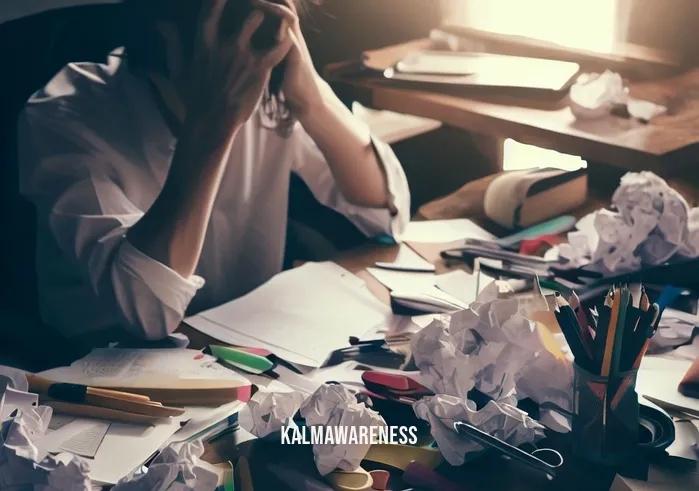 bellamindful mindfulness _ Image: A cluttered desk with scattered papers and a stressed person sitting amidst the chaos.Image description: A cluttered workspace filled with scattered papers, pens, and a disheveled person trying to focus amidst the chaos.