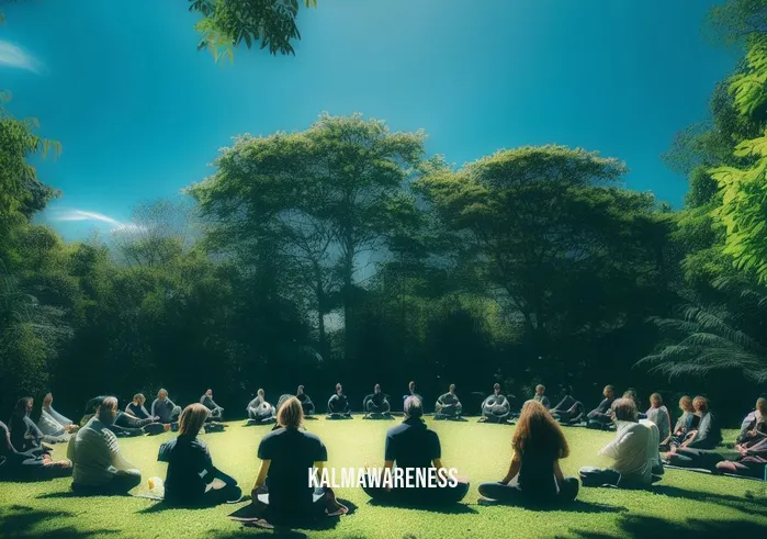 bellamindful mindfulness _ Image: A group of people in a circle, engaged in a mindful meditation session in a lush green park under a blue sky.Image description: A group of people forming a circle, deeply engrossed in a mindful meditation session amidst the beauty of a lush green park under a clear blue sky.