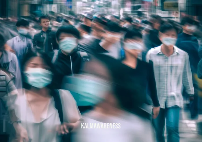 beyond breath online _ Image: A crowded city street with people walking hurriedly, wearing face masks, and visible signs of stress.Image description: The bustling city street is filled with masked pedestrians, each face reflecting the tension and unease of the times.